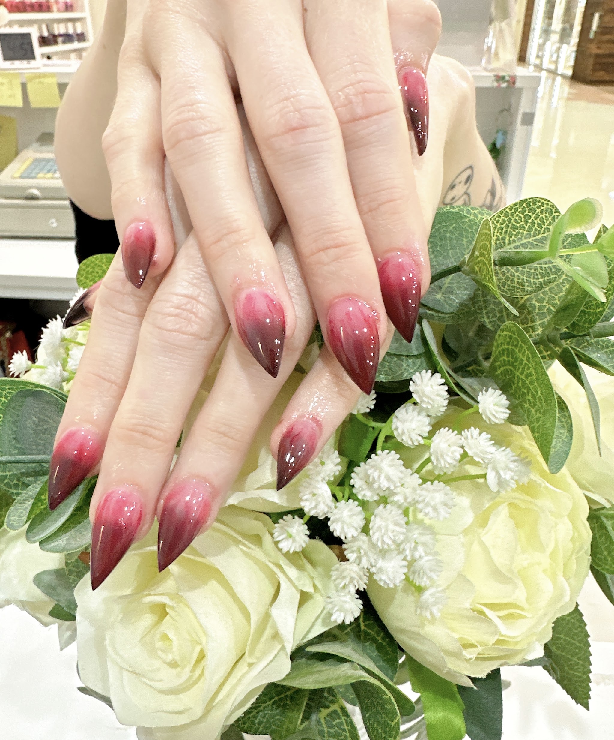 Burgundy ombre stiletto nails